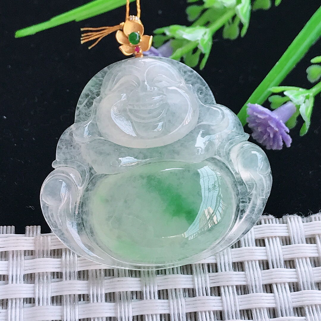 实拍A货翡翠34.7/37.5/7老坑18k金镶嵌冰种阳绿佛公吊坠翡翠玉佛挂件