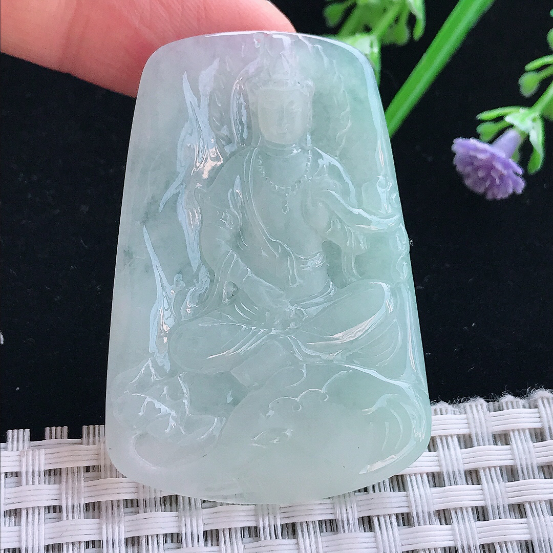 实拍A货翡翠50/34.8/4.2老坑冰胶水灵冰晴普贤菩萨吊坠翡翠挂件