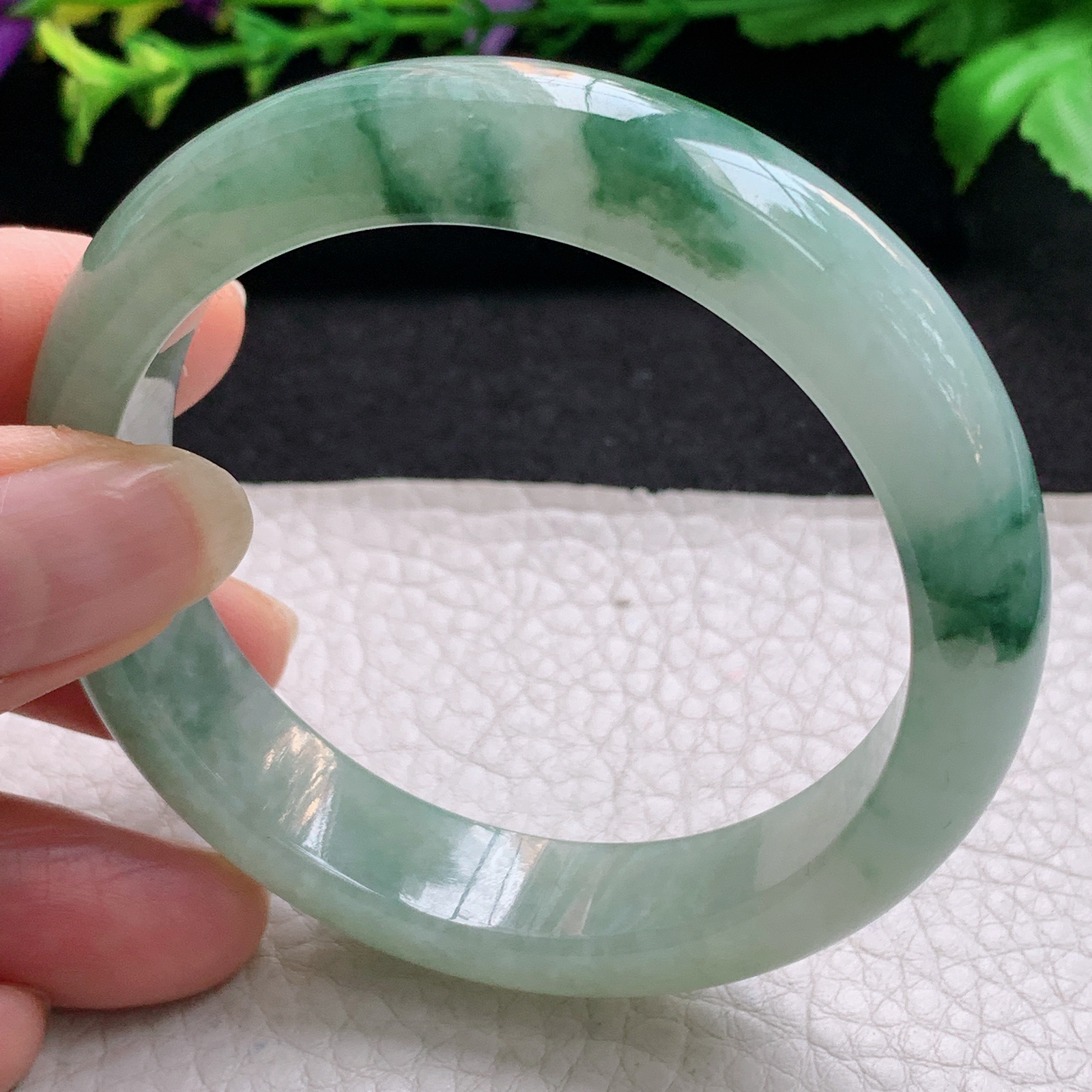 hh飘逸款55*13*8平安镯 缅甸翡翠a货玉手镯精美胶感冰飘花正圈玉手环
