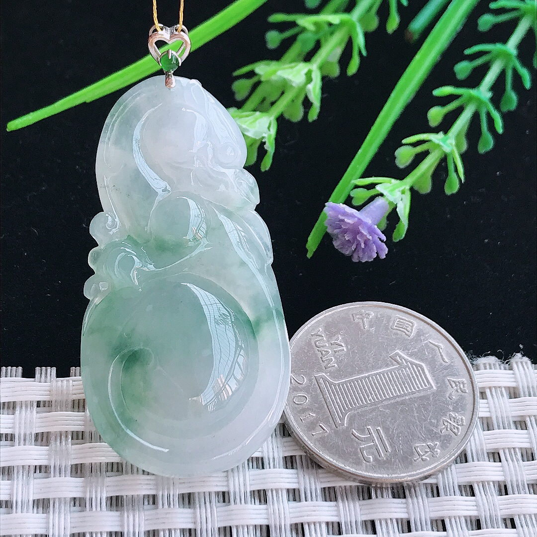 实拍A货翡翠47.5/24.5/6.9老坑18k金镶嵌冰飘花如意龙吊坠翡翠挂件