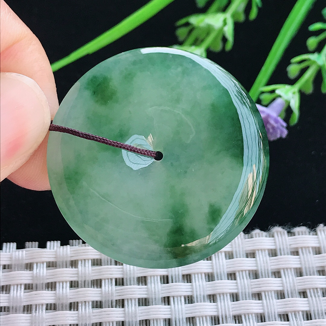 实拍A货翡翠36.8/5.8老坑冰胶果冻冰飘花平安扣吊坠翡翠玉扣挂件