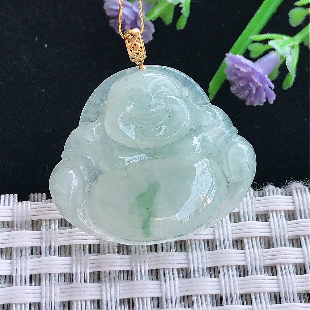 实拍A货翡翠34.7/37.5/7老坑18k金镶嵌冰胶果冻飘花佛公吊坠翡翠玉佛挂件