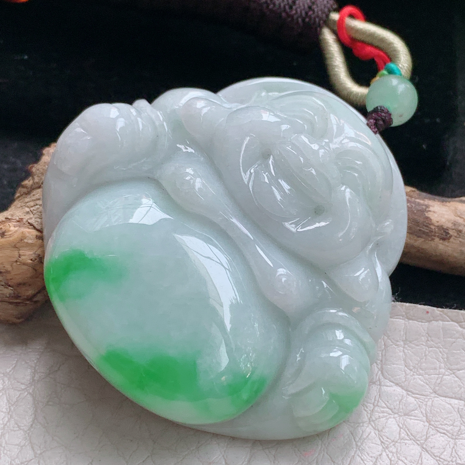 zen实拍46*48*12.5缅甸天然翡翠a货精雕白底青大佛公 弥勒佛玉项坠 玉挂件
