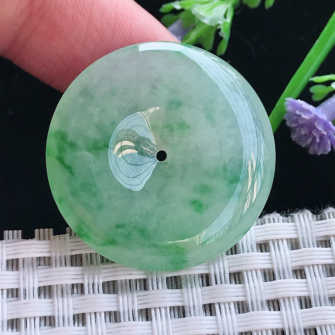 实拍A货翡翠30/5.8老坑冰胶果冻飘阳绿平安扣吊坠翡翠挂件