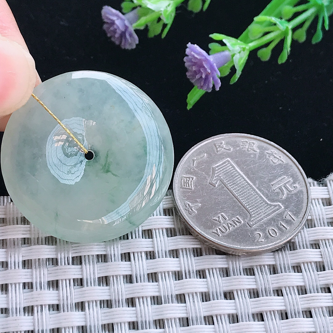 实拍A货翡翠29.8/6老坑冰胶果冻飘花平安扣吊坠翡翠挂件