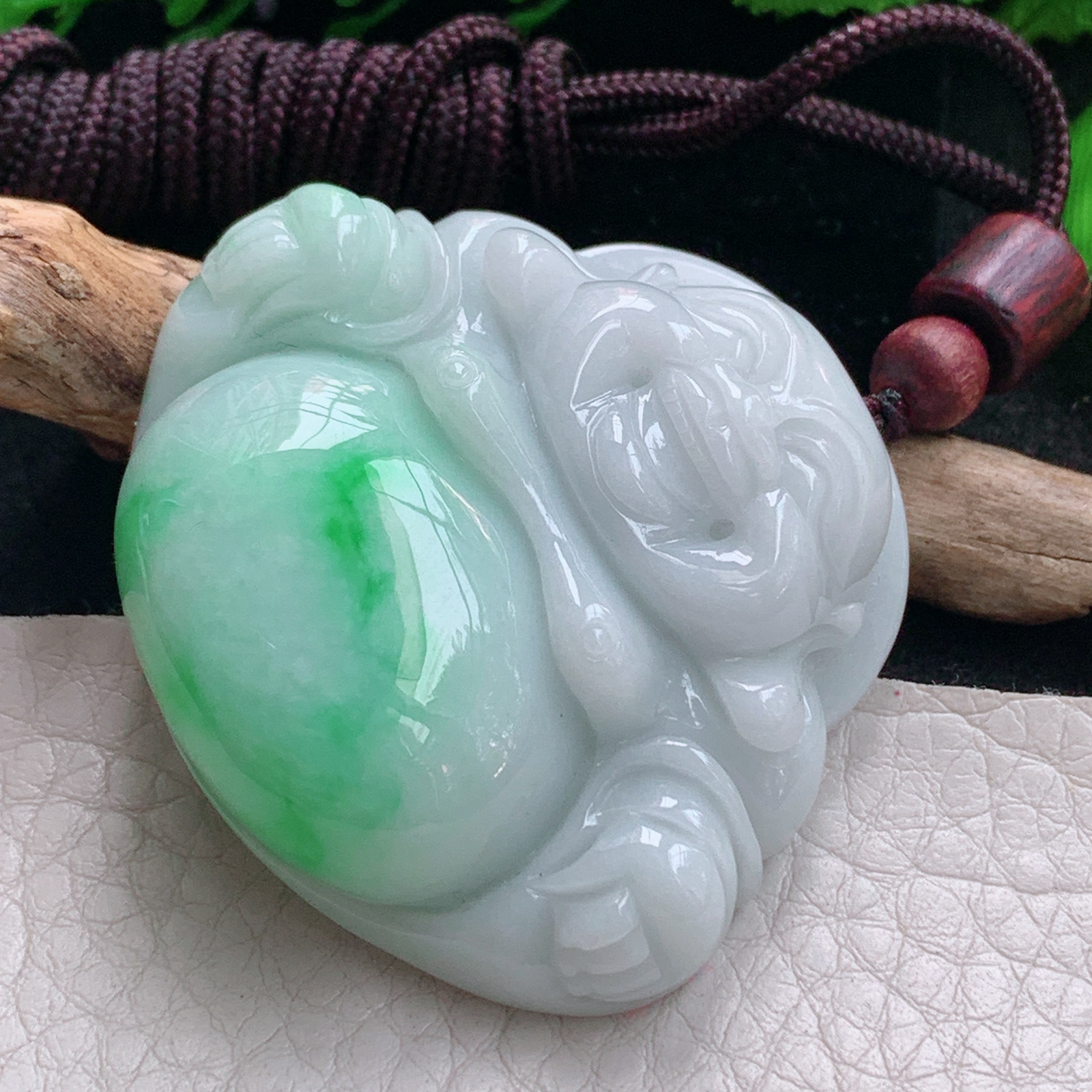 zen实拍44*48.2*13缅甸天然翡翠a货精雕飘阳绿佛公玉项坠 玉挂件