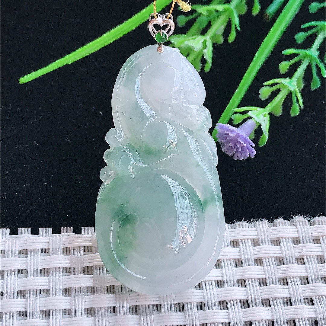 实拍A货翡翠47.5/24.5/6.9老坑18k金镶嵌冰飘花如意龙吊坠翡翠挂件