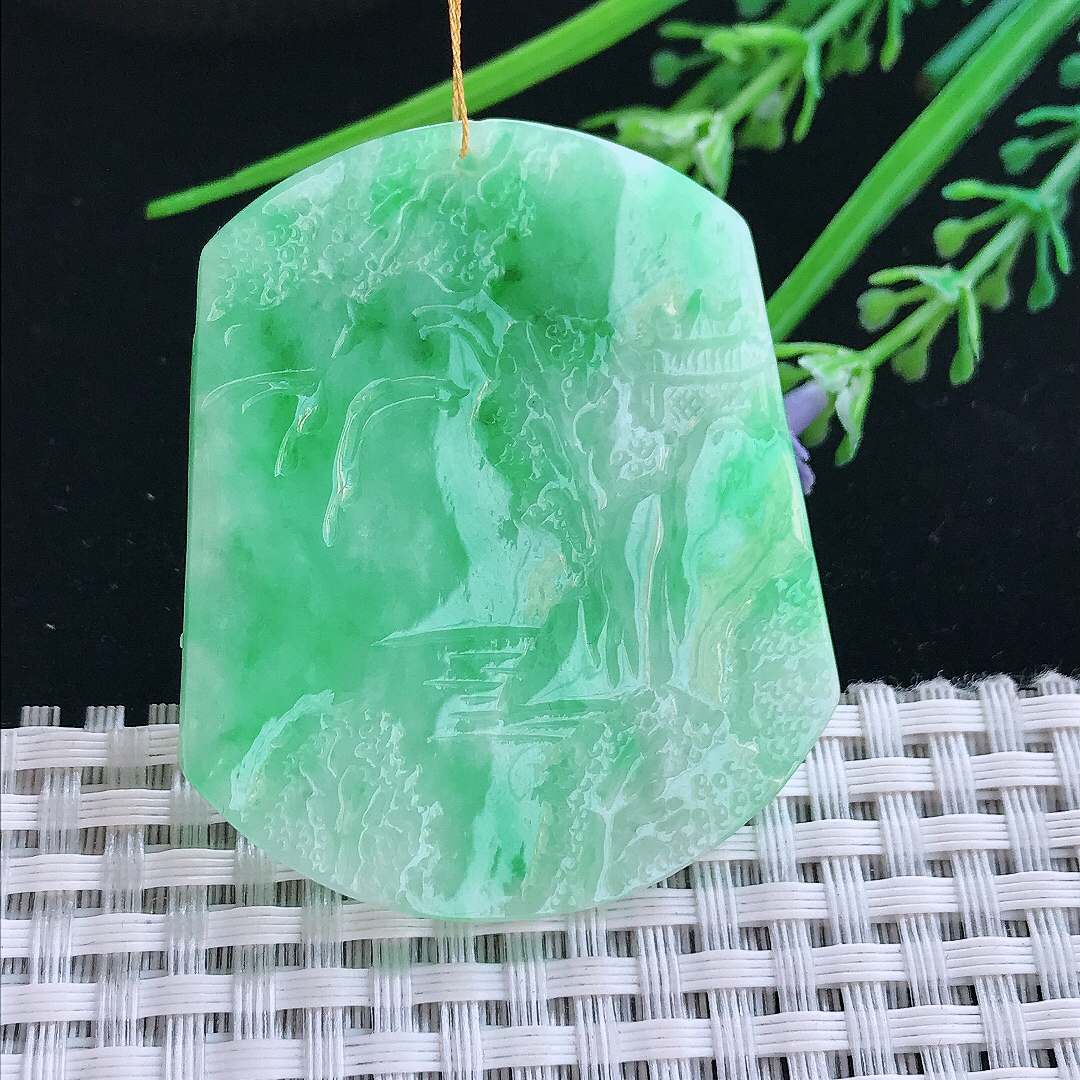 实拍A货翡翠49/41.6/5.2老坑精美飘阳绿满绿山水牌吊坠翡翠挂件