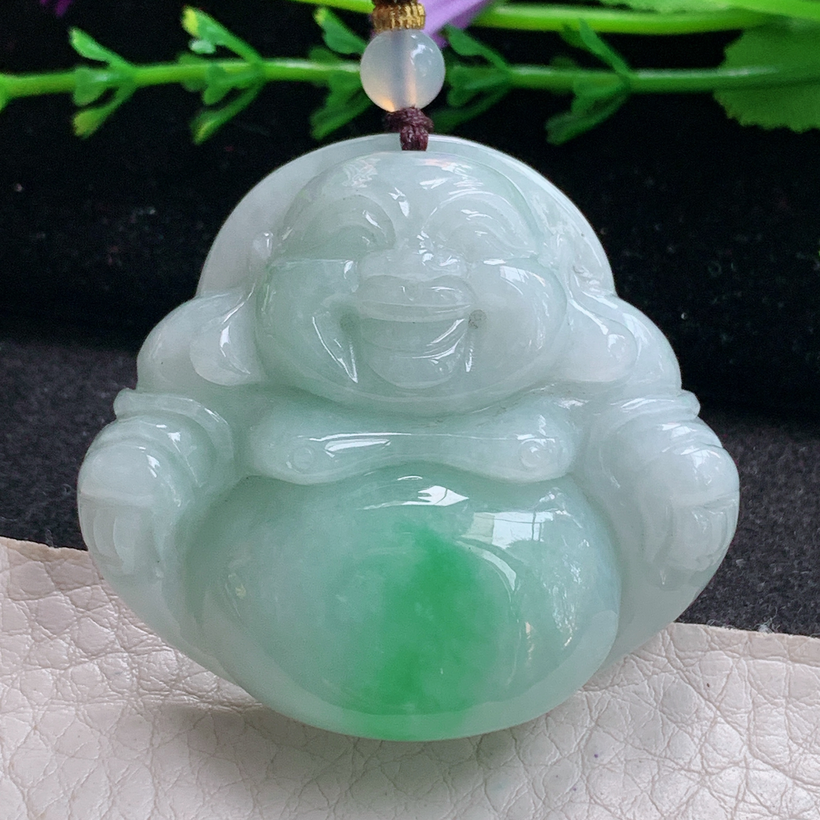 zen实拍43*46.8*13缅甸天然翡翠a货精雕飘绿佛公 弥勒佛玉项坠 玉挂件