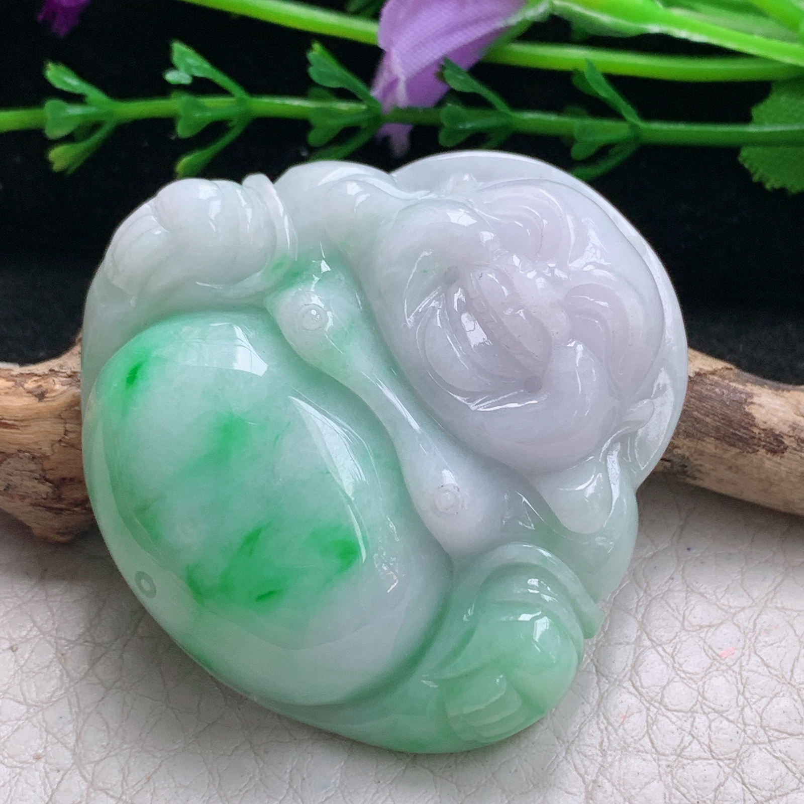 zen实拍45.5*47*12缅甸天然翡翠a货精雕春带彩大佛公玉项坠 玉挂件