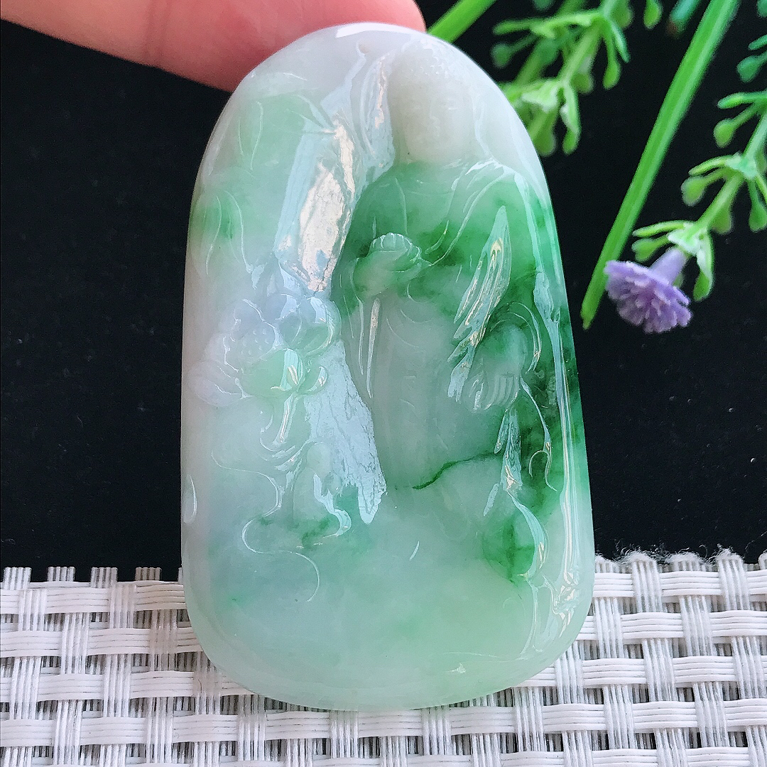 实拍A货翡翠62.5/37.5/5.2老坑精美温润飘阳绿阿弥陀佛吊坠翡翠挂件