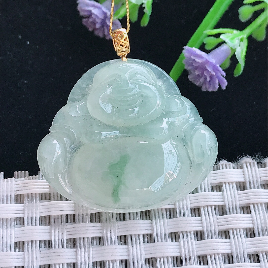 实拍A货翡翠25.6/29.8/6.2老坑18k金镶嵌冰胶果冻飘花佛公吊坠翡翠玉佛挂件