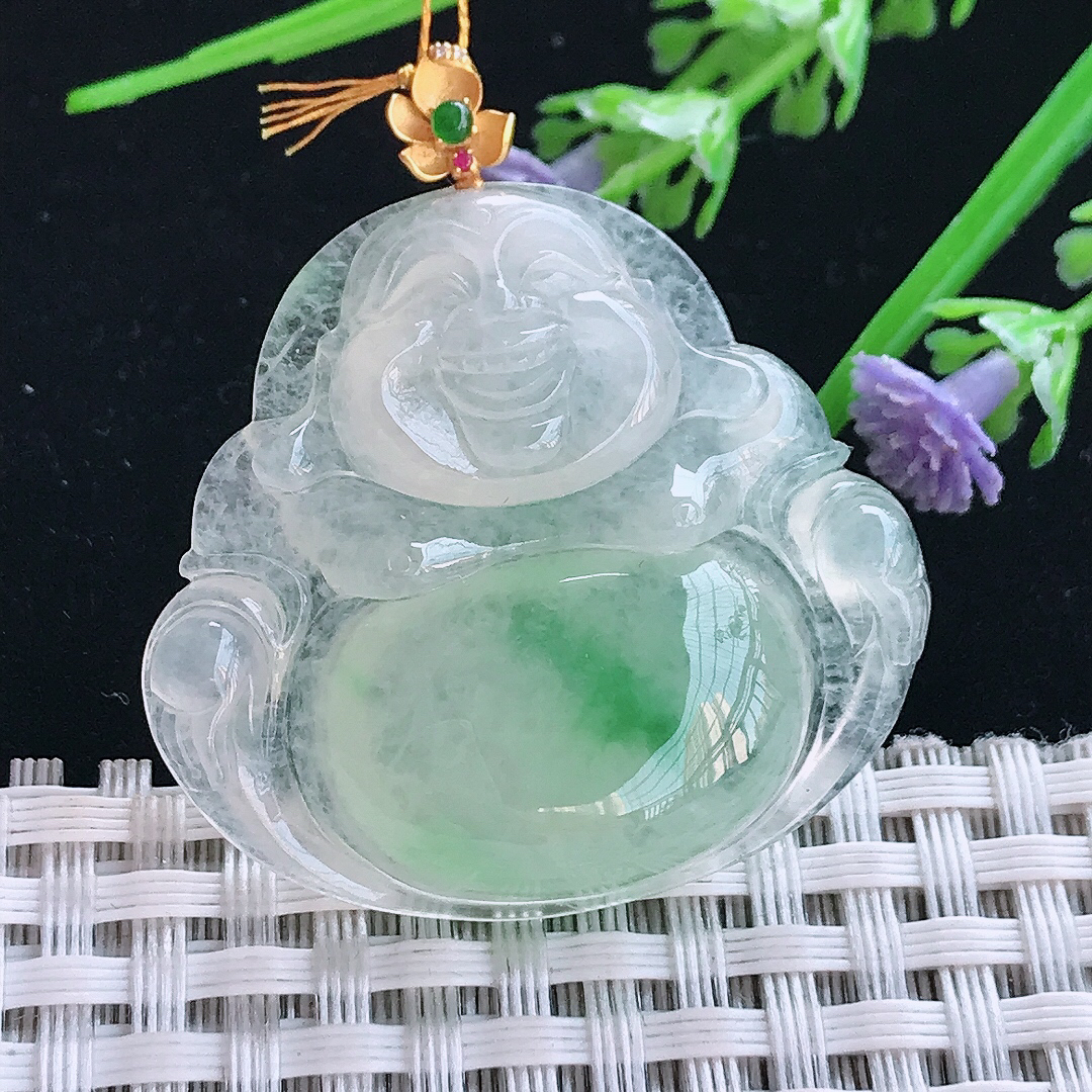 实拍A货翡翠34.7/37.5/7老坑18k金镶嵌冰种阳绿佛公吊坠翡翠玉佛挂件