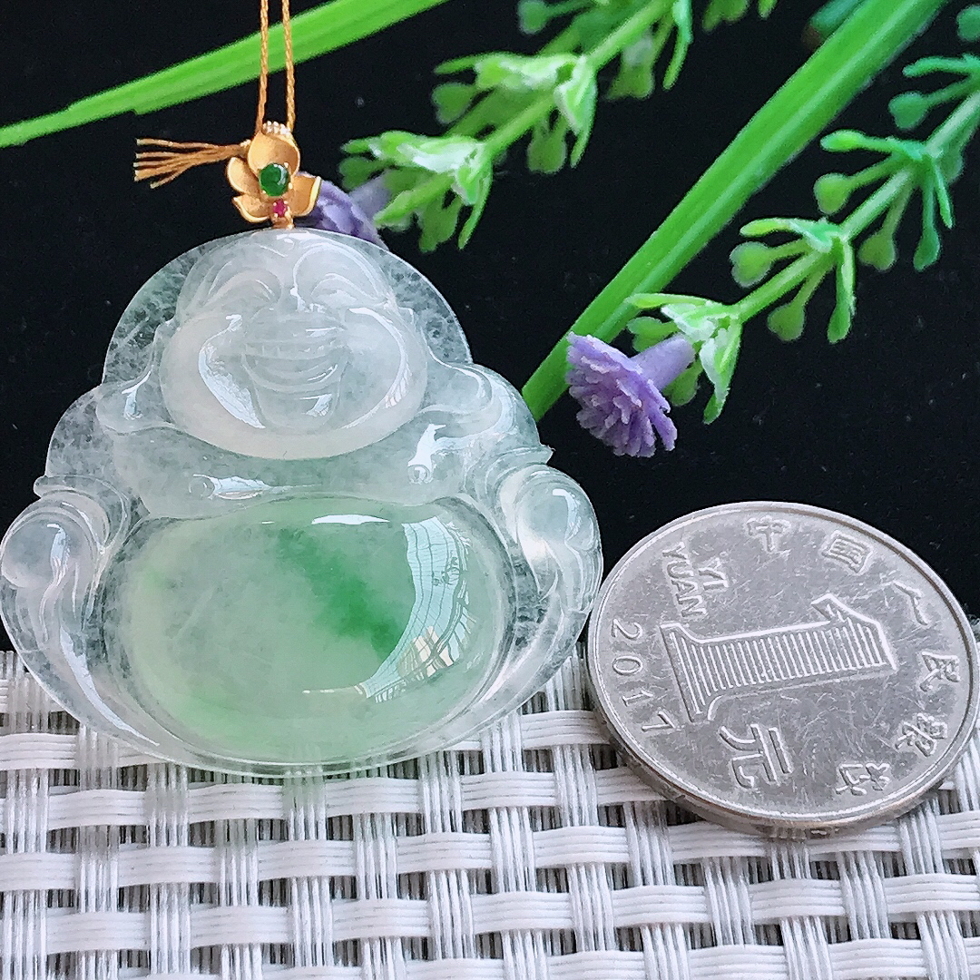 实拍A货翡翠34.7/37.5/7老坑18k金镶嵌冰种阳绿佛公吊坠翡翠玉佛挂件