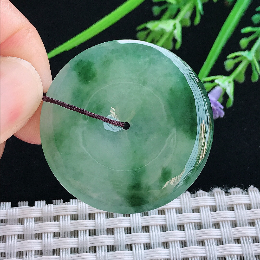 实拍A货翡翠36.8/5.8老坑冰胶果冻冰飘花平安扣吊坠翡翠玉扣挂件