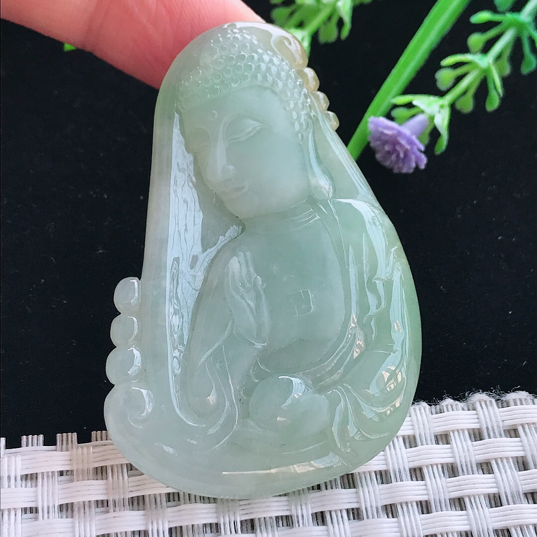 实拍A货翡翠56.8/37/7.6老坑冰润晴绿佛头吊坠翡翠挂件