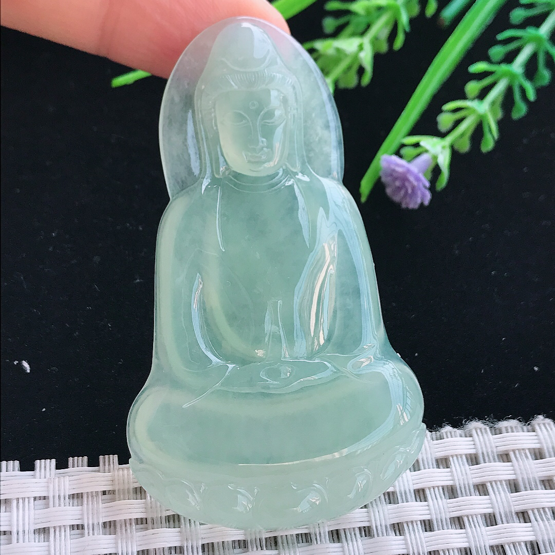 实拍A货翡翠66/39.5/5.5老坑冰种起胶冰晴甜绿素衣观音吊坠翡翠挂件