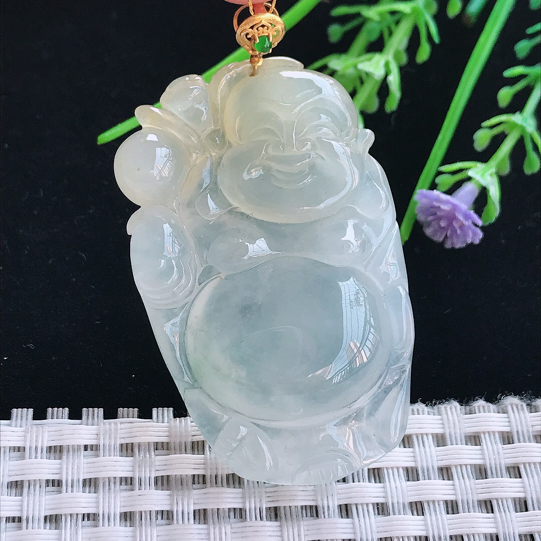 实拍A货翡翠48.8/30.8/9老坑18k金镶嵌冰胶果冻飘黄翡弥勒佛吊坠翡翠佛公挂件