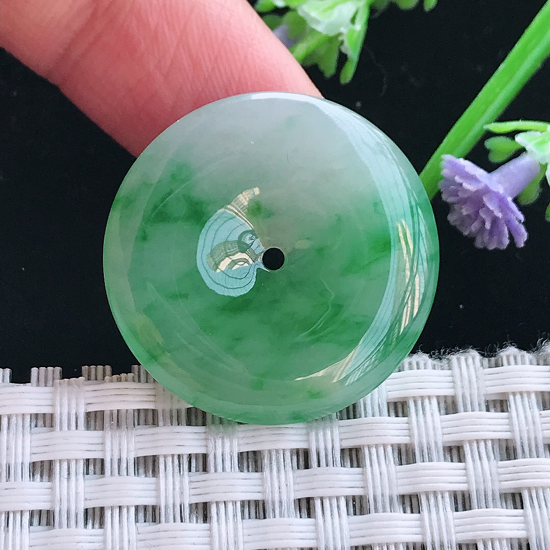 实拍A货翡翠27/4.7老坑冰胶水灵辣阳绿平安扣吊坠翡翠玉扣挂件