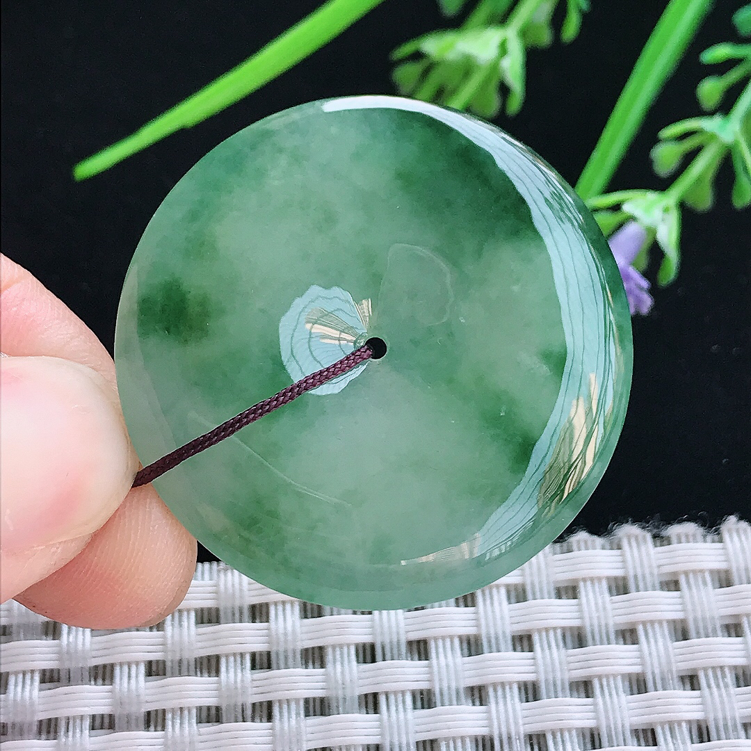 实拍A货翡翠36.8/5.8老坑冰胶果冻冰飘花平安扣吊坠翡翠玉扣挂件