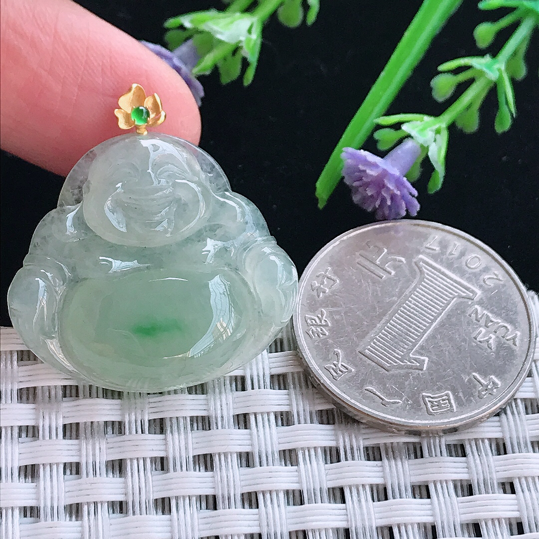 实拍A货翡翠25.8/28.6/5.5老坑18k金镶嵌冰晴飘绿佛公吊坠翡翠挂件
