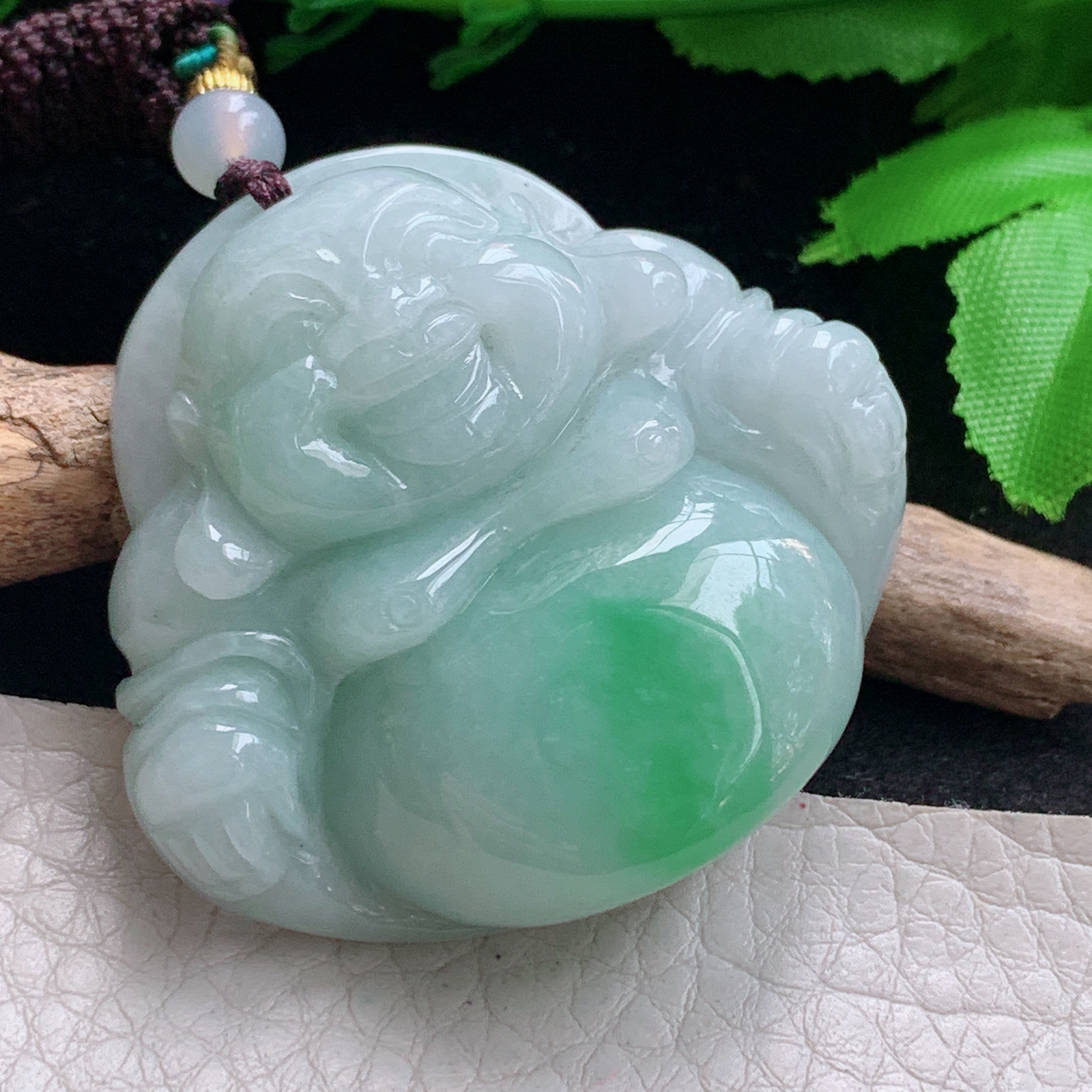 zen实拍43*46.8*13缅甸天然翡翠a货精雕飘绿佛公 弥勒佛玉项坠 玉挂件