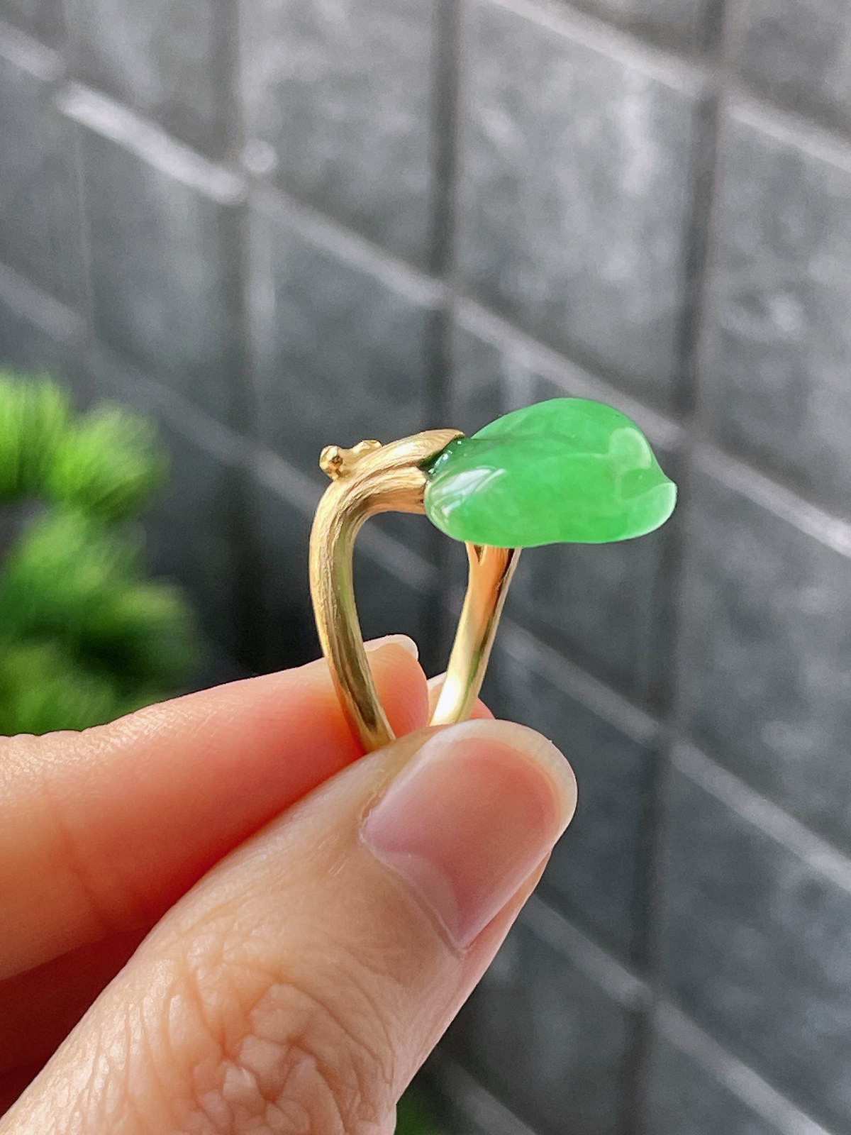 18k翡翠冰糯绿色一颗松特色戒指