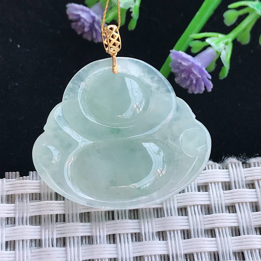 实拍A货翡翠25.6/29.8/6.2老坑18k金镶嵌冰胶果冻飘花佛公吊坠翡翠玉佛挂件