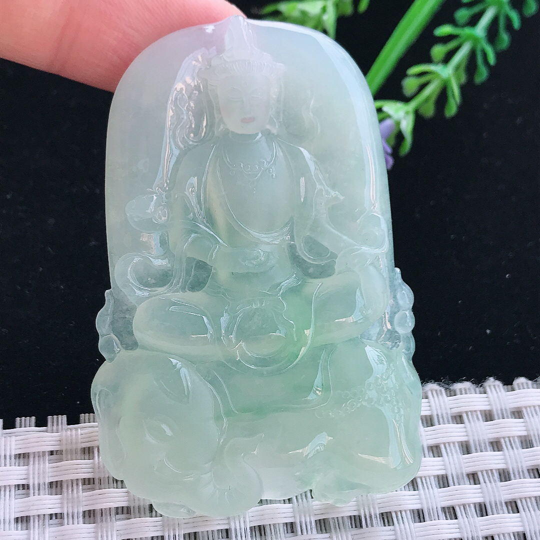 实拍A货翡翠62/41.2/6老坑冰胶果冻冰晴绿普贤菩萨吊坠翡翠挂件