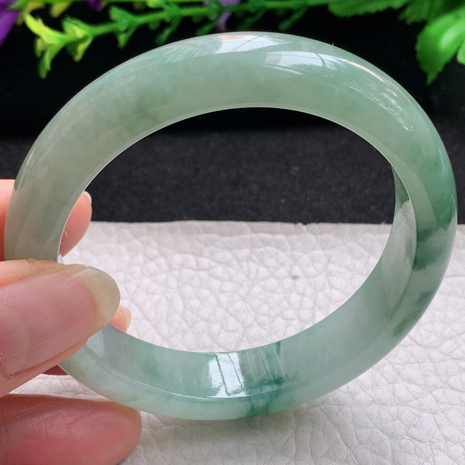 hh飘逸款55*13*8平安镯 缅甸翡翠a货玉手镯精美胶感冰飘花正圈玉手环