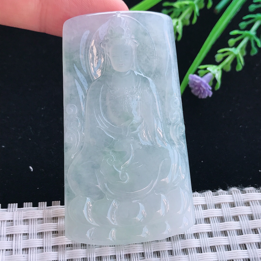 实拍A货翡翠64.5/38/5.6老坑冰透起胶观音菩萨吊坠玉观音挂件
