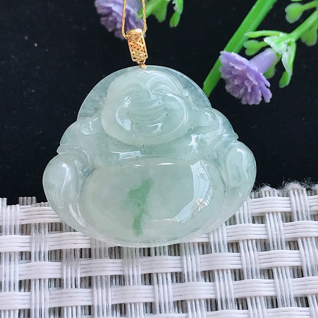 实拍A货翡翠25.6/29.8/6.2老坑18k金镶嵌冰胶果冻飘花佛公吊坠翡翠玉佛挂件