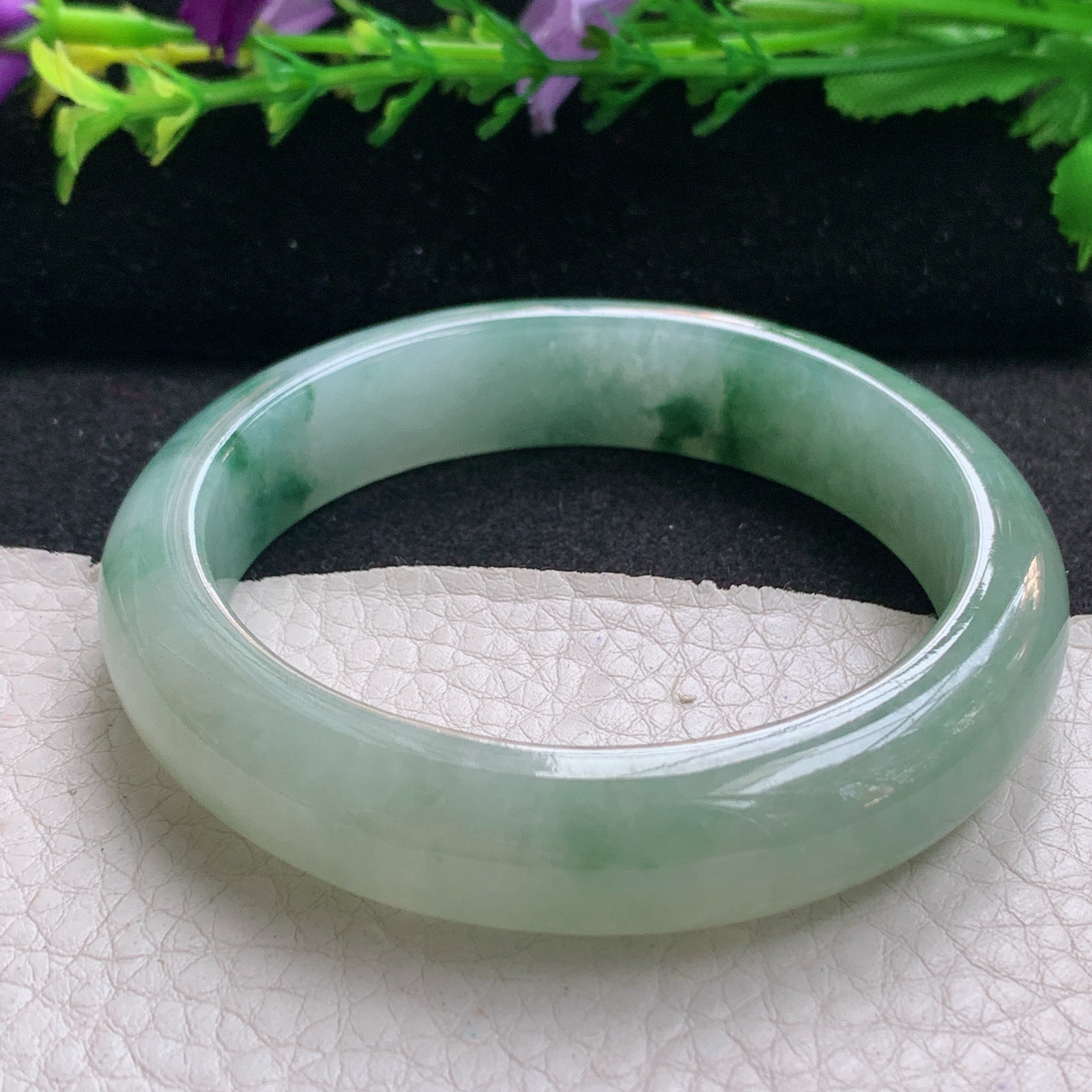 hh飘逸款55*13*8平安镯 缅甸翡翠a货玉手镯精美胶感冰飘花正圈玉手环