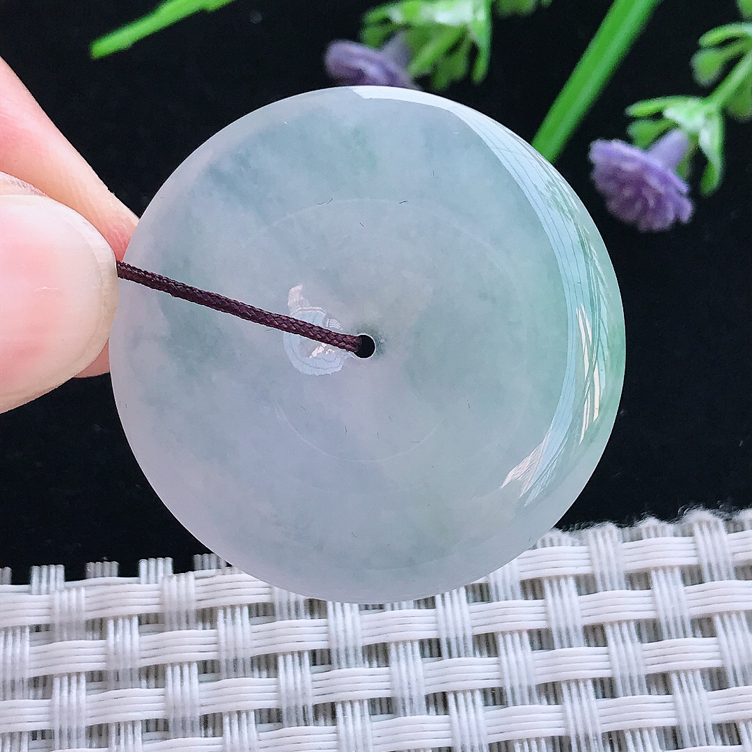 实拍A货翡翠34.7/6老坑冰纯果冻胶飘花平安扣吊坠翡翠玉扣挂件