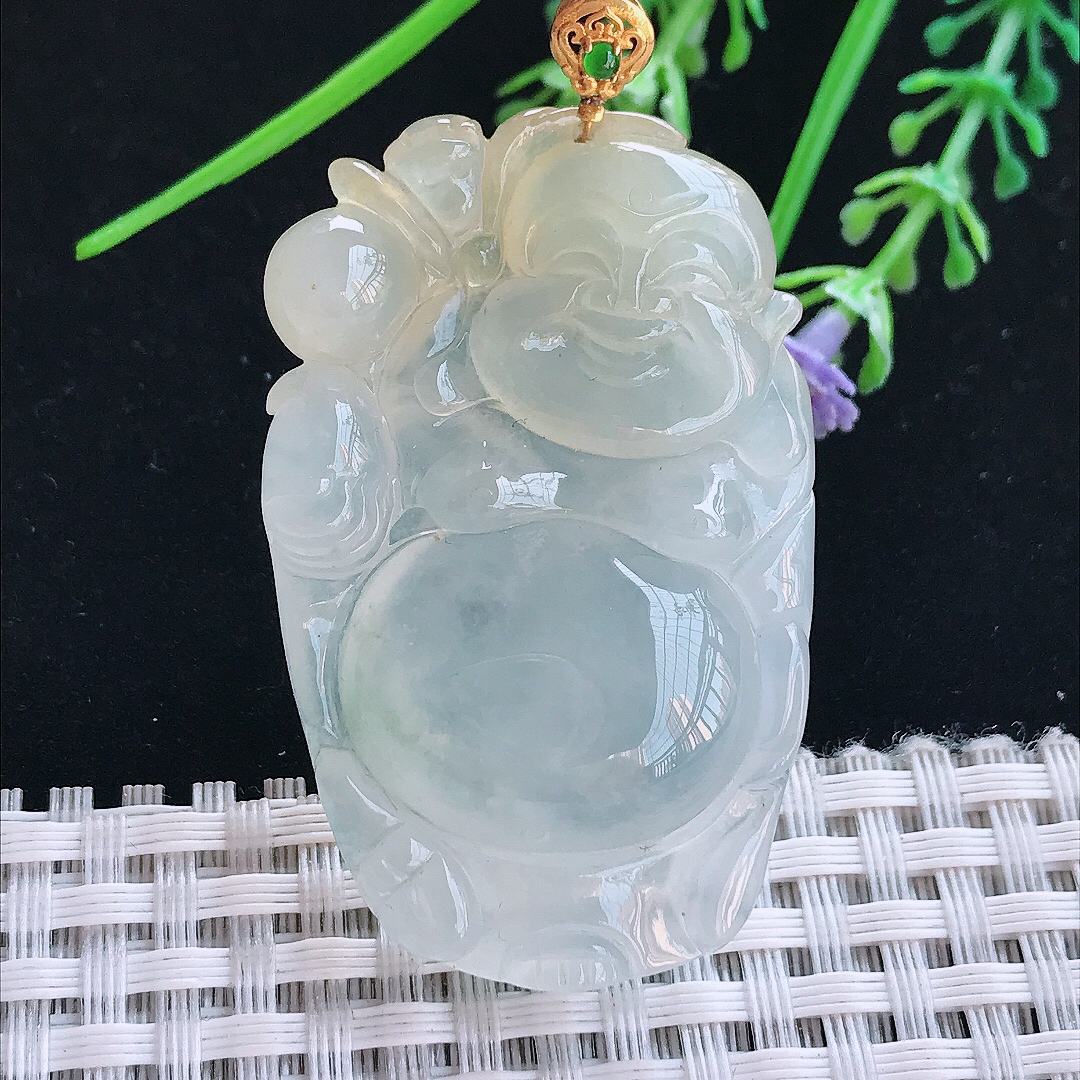 实拍A货翡翠48.8/30.8/9老坑18k金镶嵌冰胶果冻飘黄翡弥勒佛吊坠翡翠佛公挂件