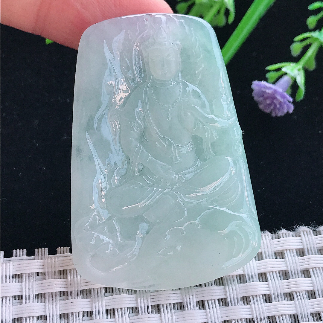 实拍A货翡翠50/34.8/4.2老坑冰胶水灵冰晴普贤菩萨吊坠翡翠挂件