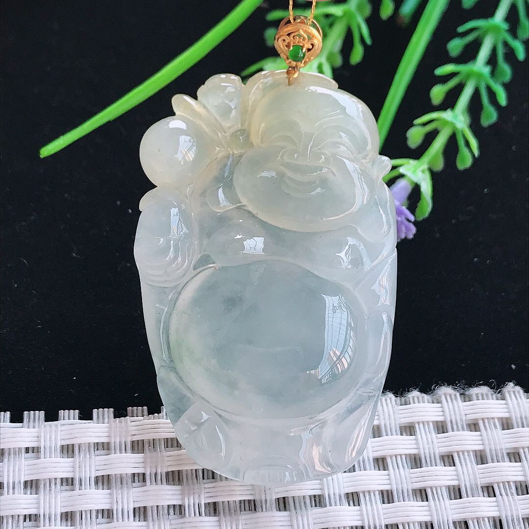 实拍A货翡翠48.8/30.8/9老坑18k金镶嵌冰胶果冻飘黄翡弥勒佛吊坠翡翠佛公挂件