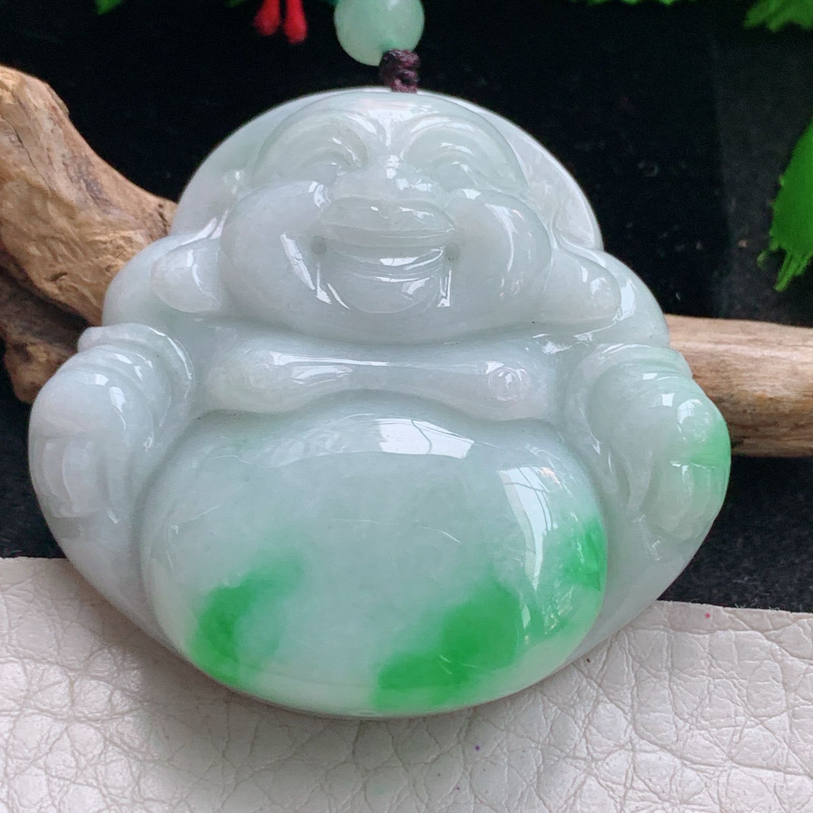 zen实拍46*48*12.5缅甸天然翡翠a货精雕白底青大佛公 弥勒佛玉项坠 玉挂件