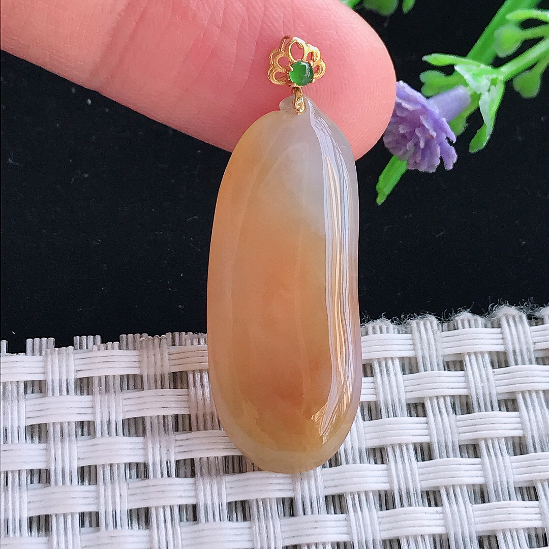 实拍A货翡翠32/13/4.5老坑18k金镶嵌冰润黄翡福瓜吊坠翡翠挂件