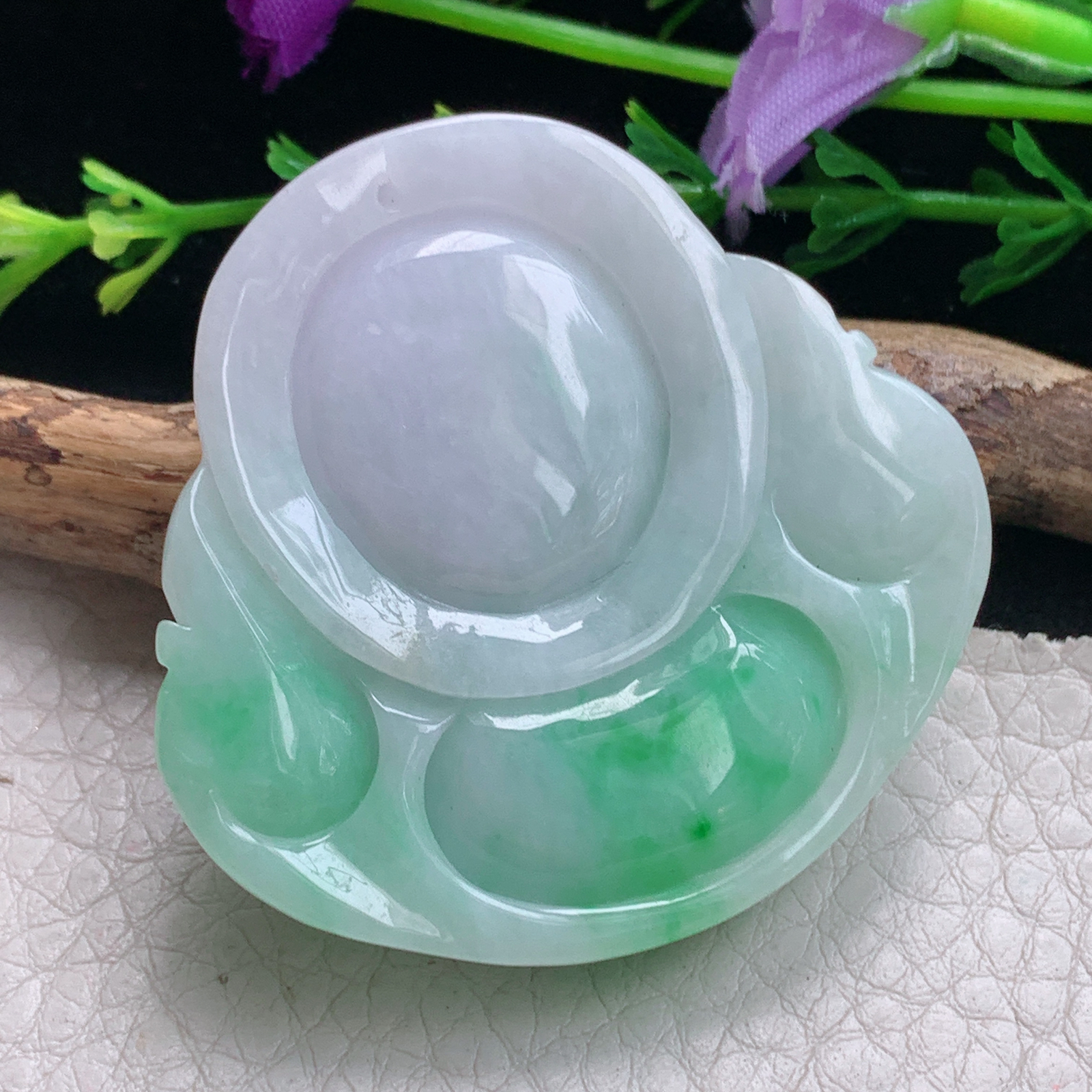 zen实拍45.5*47*12缅甸天然翡翠a货精雕春带彩大佛公玉项坠 玉挂件