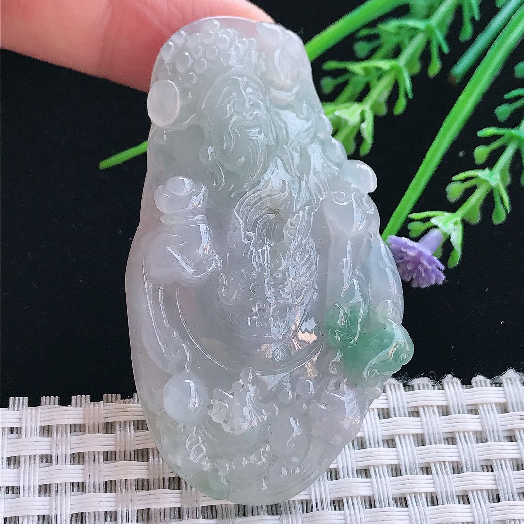 实拍A货翡翠65/36/9.5老坑冰胶特色财神爷吊坠翡翠挂件