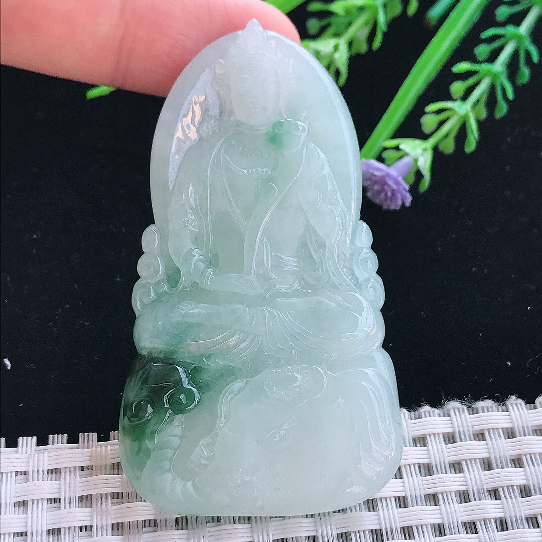 实拍A货翡翠65/37/6.5老坑冰胶飘花普贤菩萨吊坠翡翠挂件