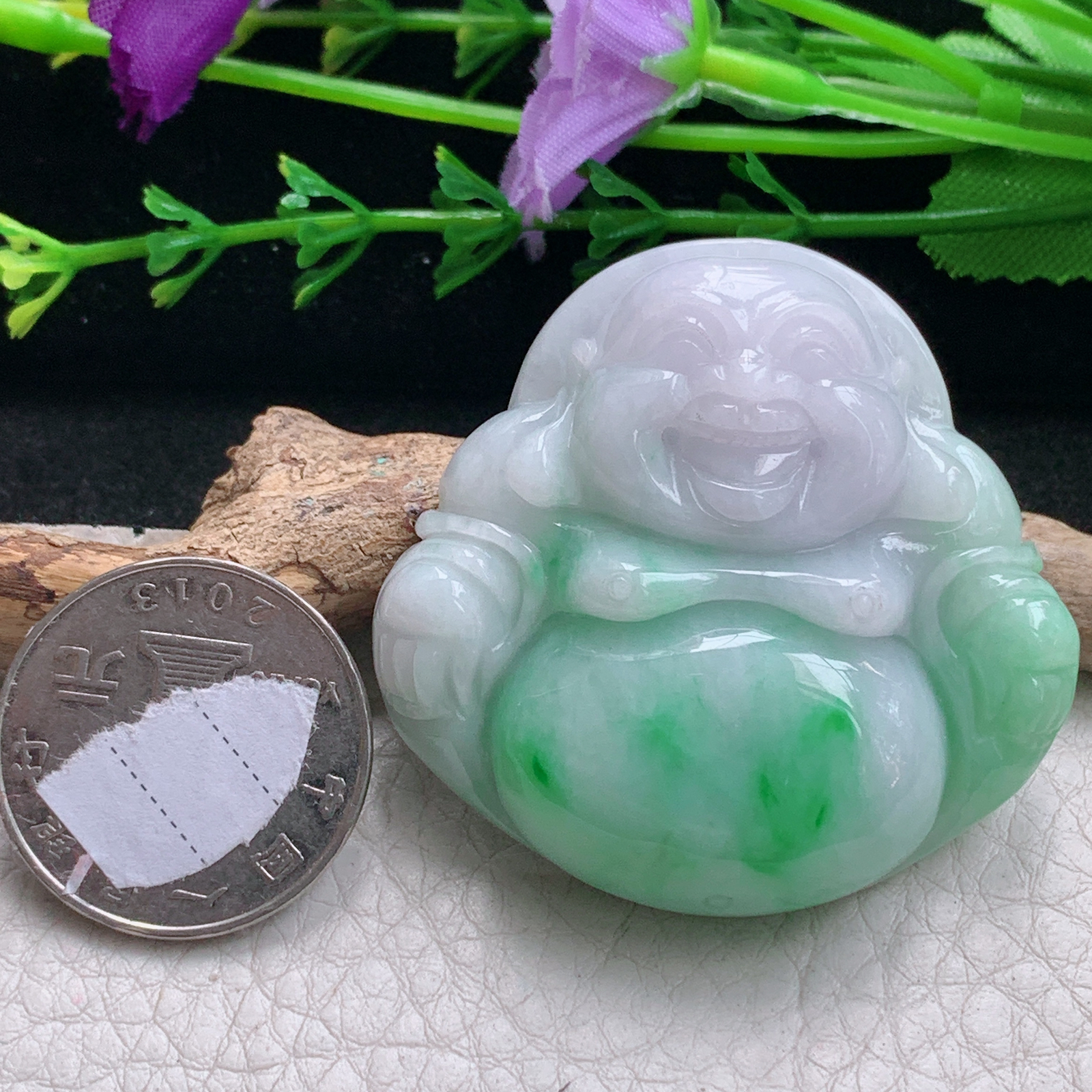 zen实拍45.5*47*12缅甸天然翡翠a货精雕春带彩大佛公玉项坠 玉挂件