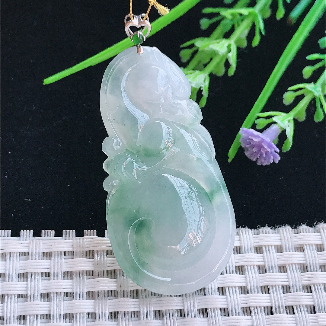 实拍A货翡翠47.5/24.5/6.9老坑18k金镶嵌冰飘花如意龙吊坠翡翠挂件