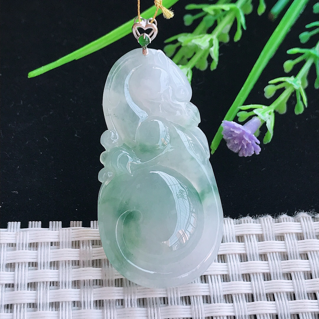 实拍A货翡翠47.5/24.5/6.9老坑18k金镶嵌冰飘花如意龙吊坠翡翠挂件