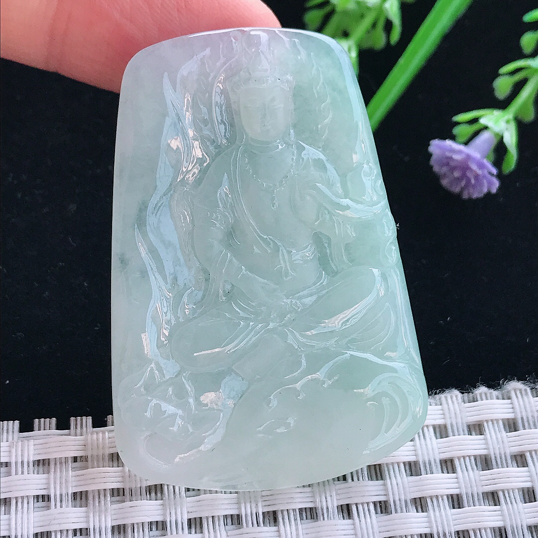 实拍A货翡翠50/34.8/4.2老坑冰胶水灵冰晴普贤菩萨吊坠翡翠挂件