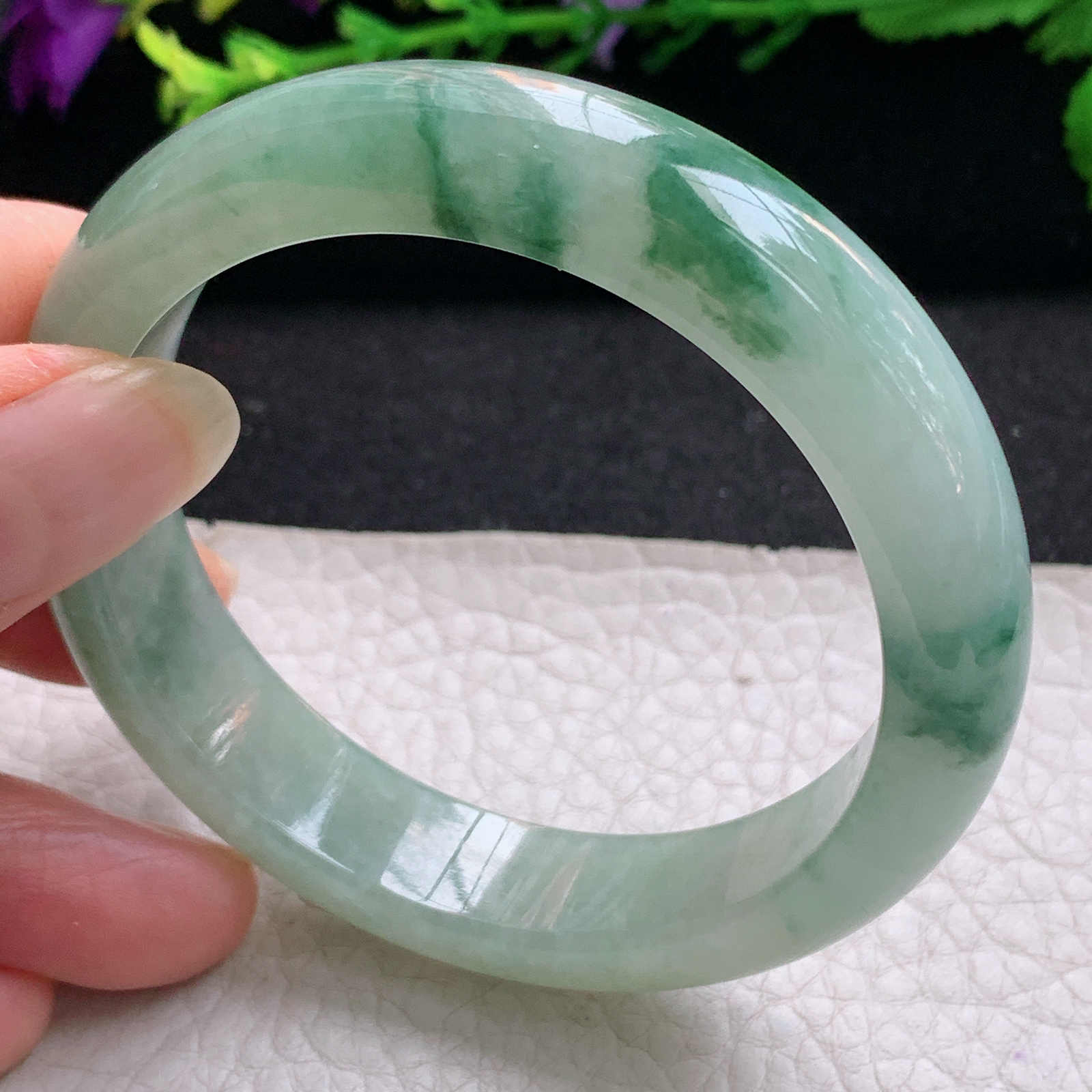 hh飘逸款55*13*8平安镯 缅甸翡翠a货玉手镯精美胶感冰飘花正圈玉手环