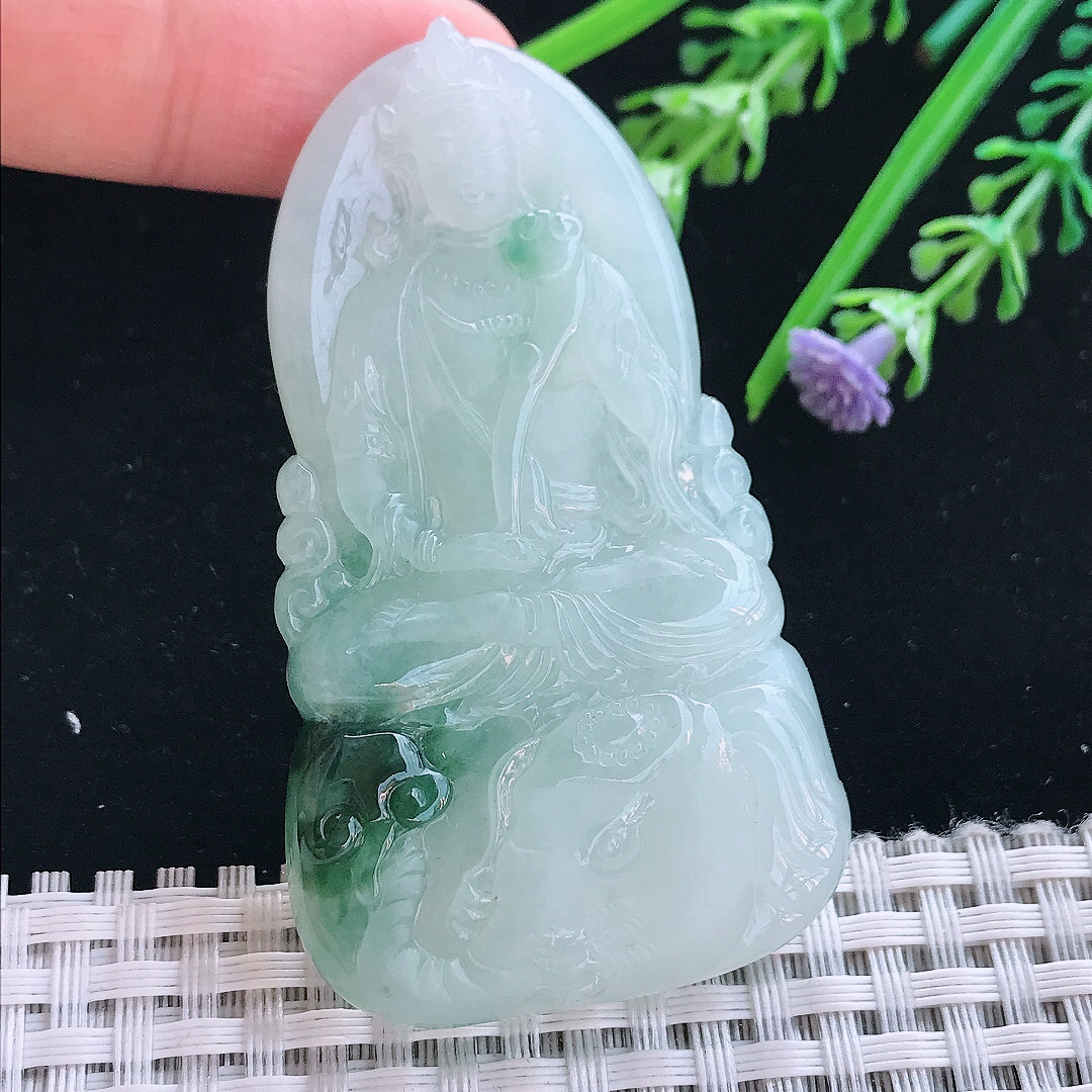 实拍A货翡翠65/37/6.5老坑冰胶飘花普贤菩萨吊坠翡翠挂件