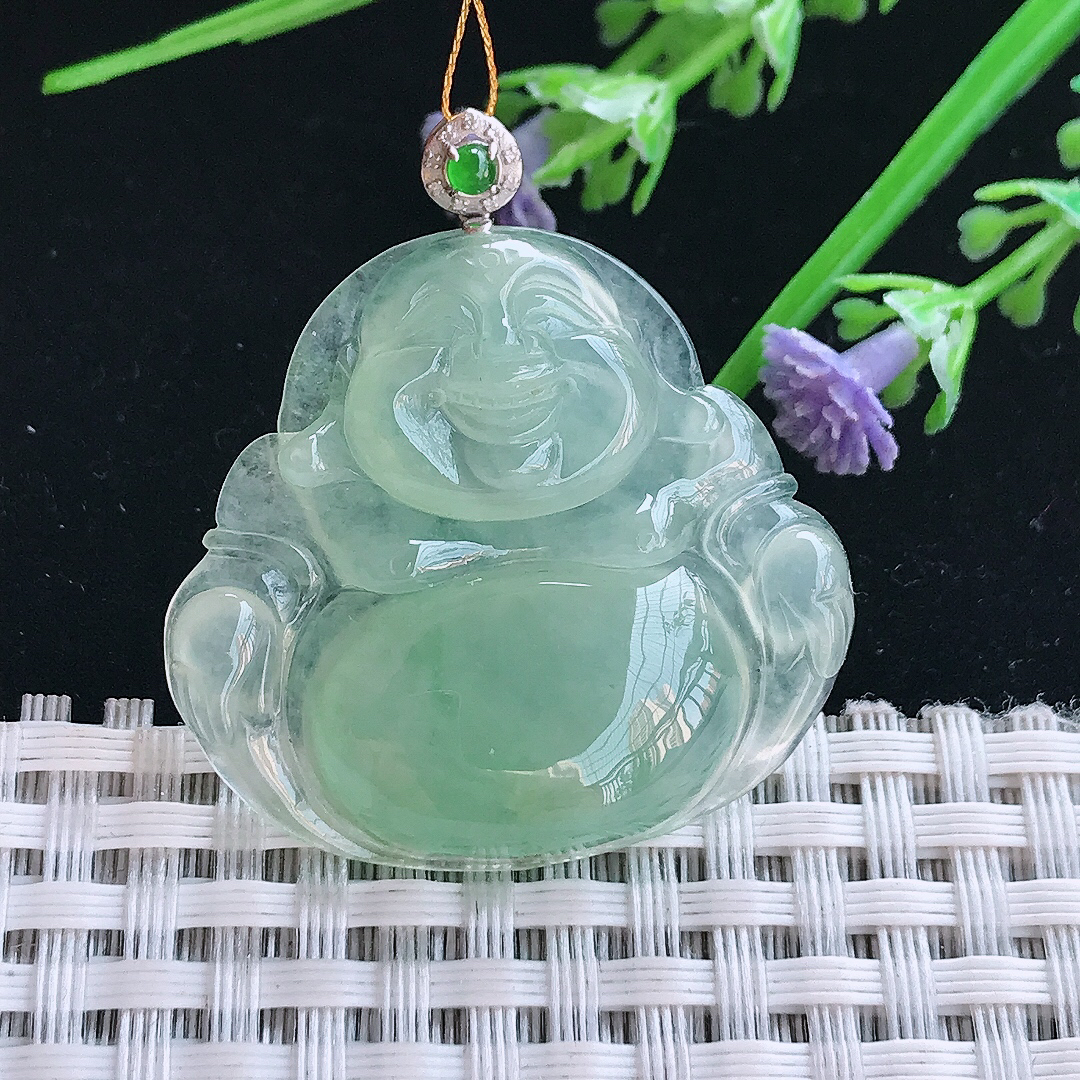 实拍A货翡翠32.2/34.8/6老坑18k金镶嵌冰种冰晴绿佛公吊坠翡翠玉佛挂件