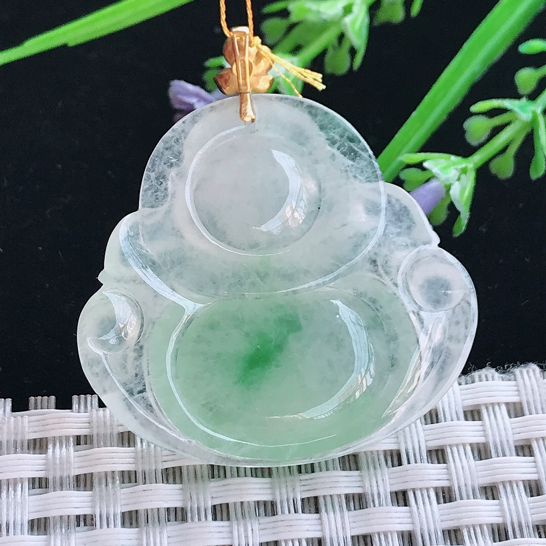 实拍A货翡翠34.7/37.5/7老坑18k金镶嵌冰种阳绿佛公吊坠翡翠玉佛挂件